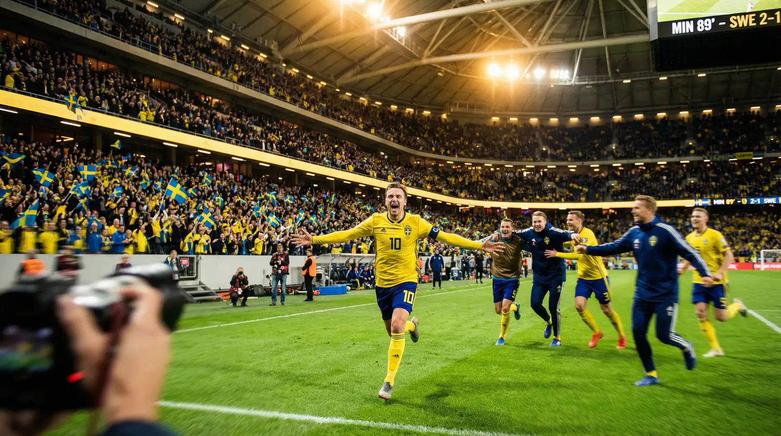 Svenska fotbollsspelare firar ett avgörande mål framför hemmapubliken